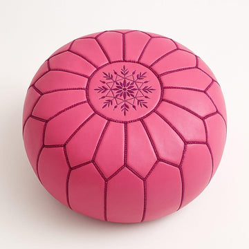 Pink Leather Round Ottoman 21″ – Handcrafted Floor Pouf with Embroidery image