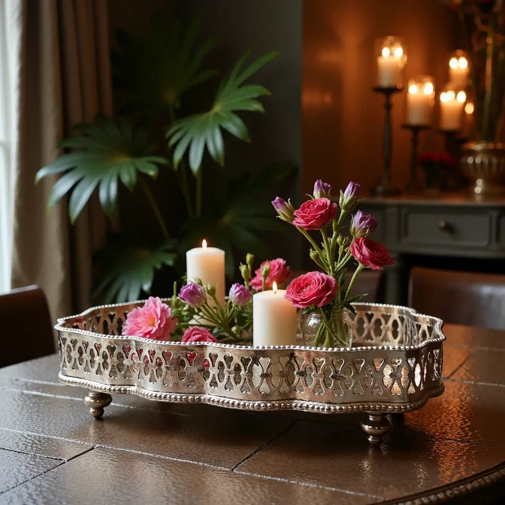 Hand-Hammered Oval Silver Serving Tray with Ornate Filigree Border image 4