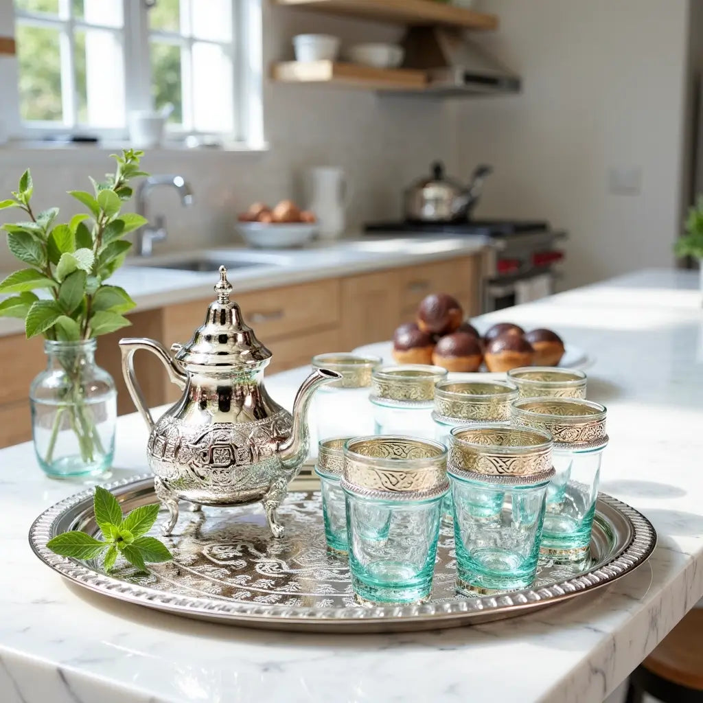 Silver Engraved Tea Set – 8-Piece Service with Turquoise Glass Holders image 6