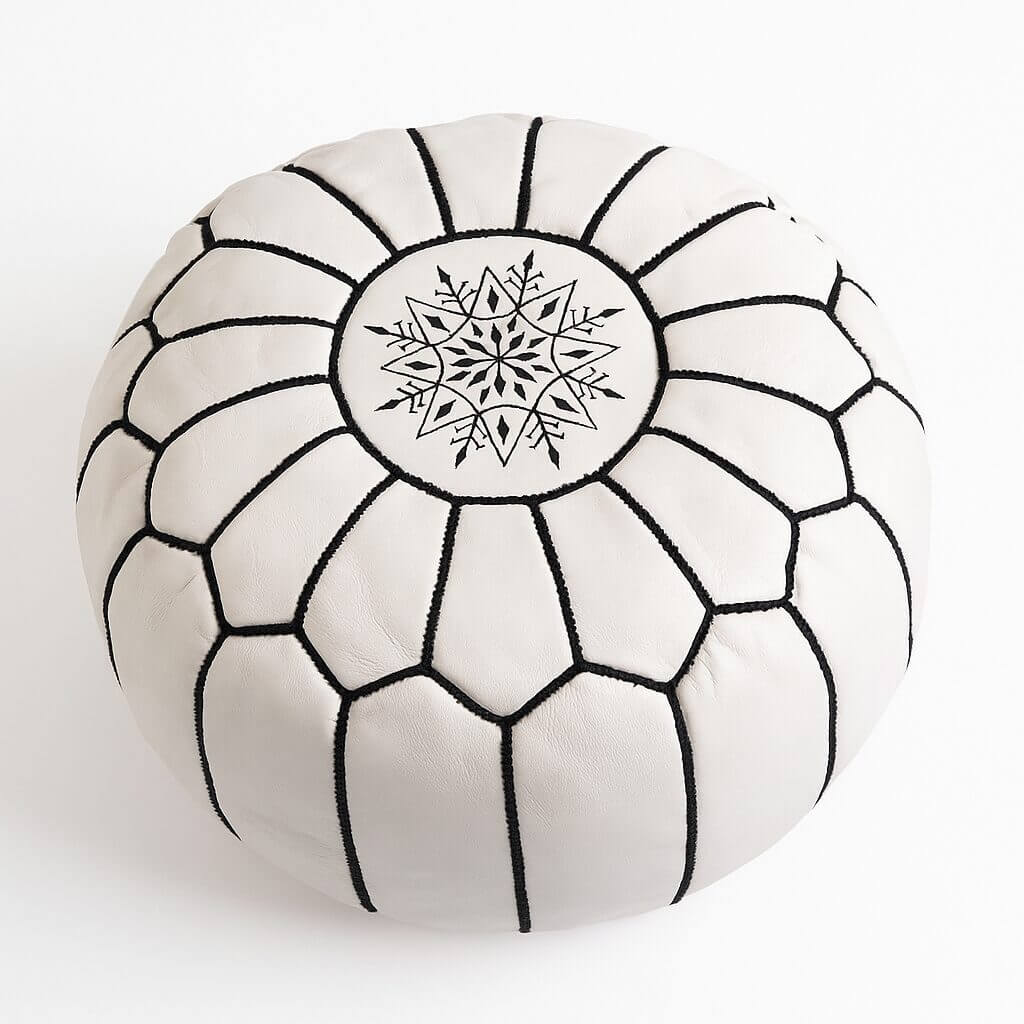 White Leather Floor Ottoman 21″ – Handcrafted Round Pouf with Geometric Stitc… image