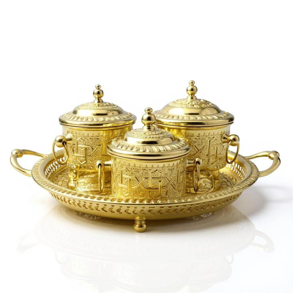 Hand-Engraved Brass Sugar Bowl Set – 4-Piece Collection with Serving Tray image