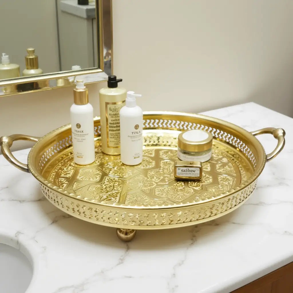 Hand-Engraved Silver-Plated Brass Serving Tray with Geometric Inlay image 8