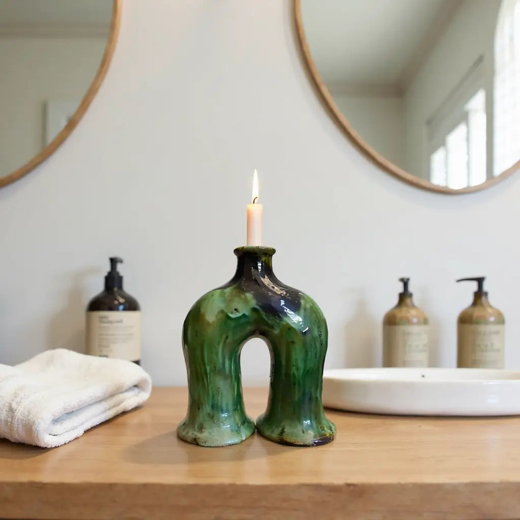Handcrafted Green Tamegroute Ceramic Arch Candleholder – Artisanal Candle Holder image