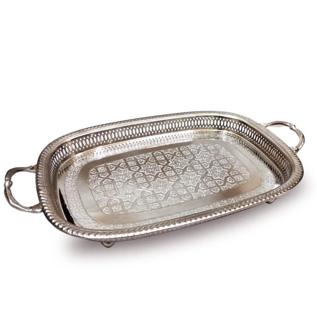 Hand-Engraved Oval Silver Serving Tray with Decorative Handles and Feet image 10