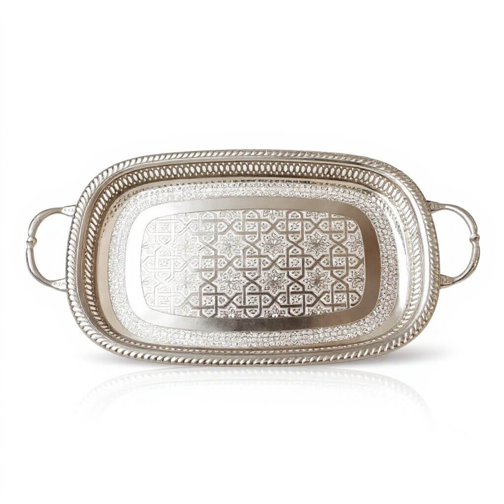 Hand-Engraved Oval Silver Serving Tray with Decorative Handles and Feet image