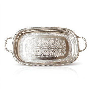 Hand-Engraved Oval Silver Serving Tray with Decorative Handles and Feet image