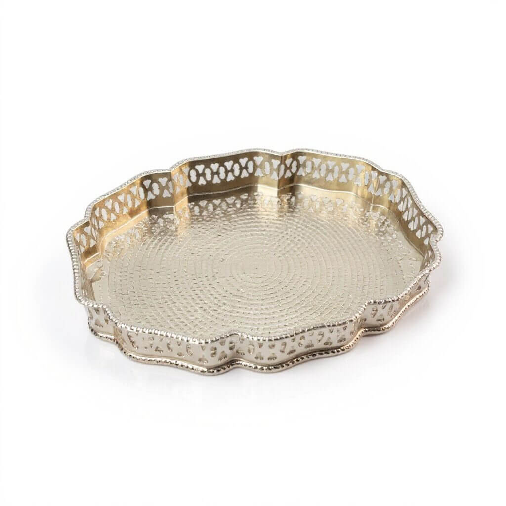 Hand-Hammered Oval Silver Serving Tray with Ornate Filigree Border image