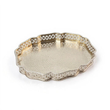Hand-Hammered Oval Silver Serving Tray with Ornate Filigree Border image