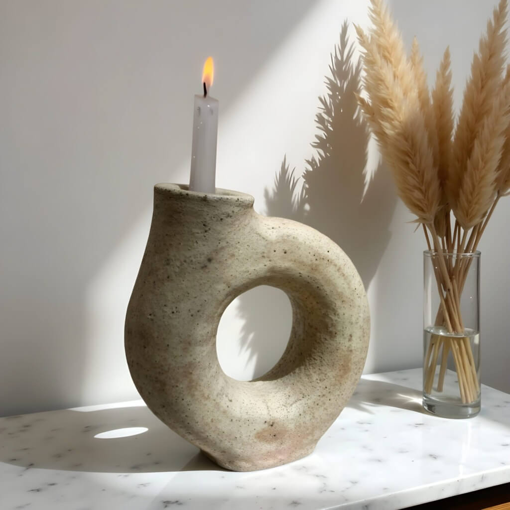 Handcrafted Tamegroute Ceramic Ring Candleholder – Modern Minimalist Decor image