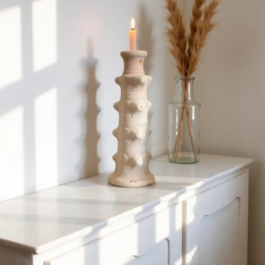 Handcrafted Tamegroute Pottery Candlestick – White Ceramic Tower Design 40cm image 3