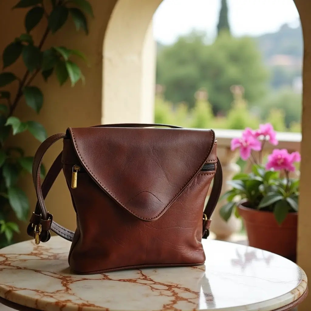 Brown Leather Crossbody Purse – Handmade Envelope Bag with Adjustable Strap image