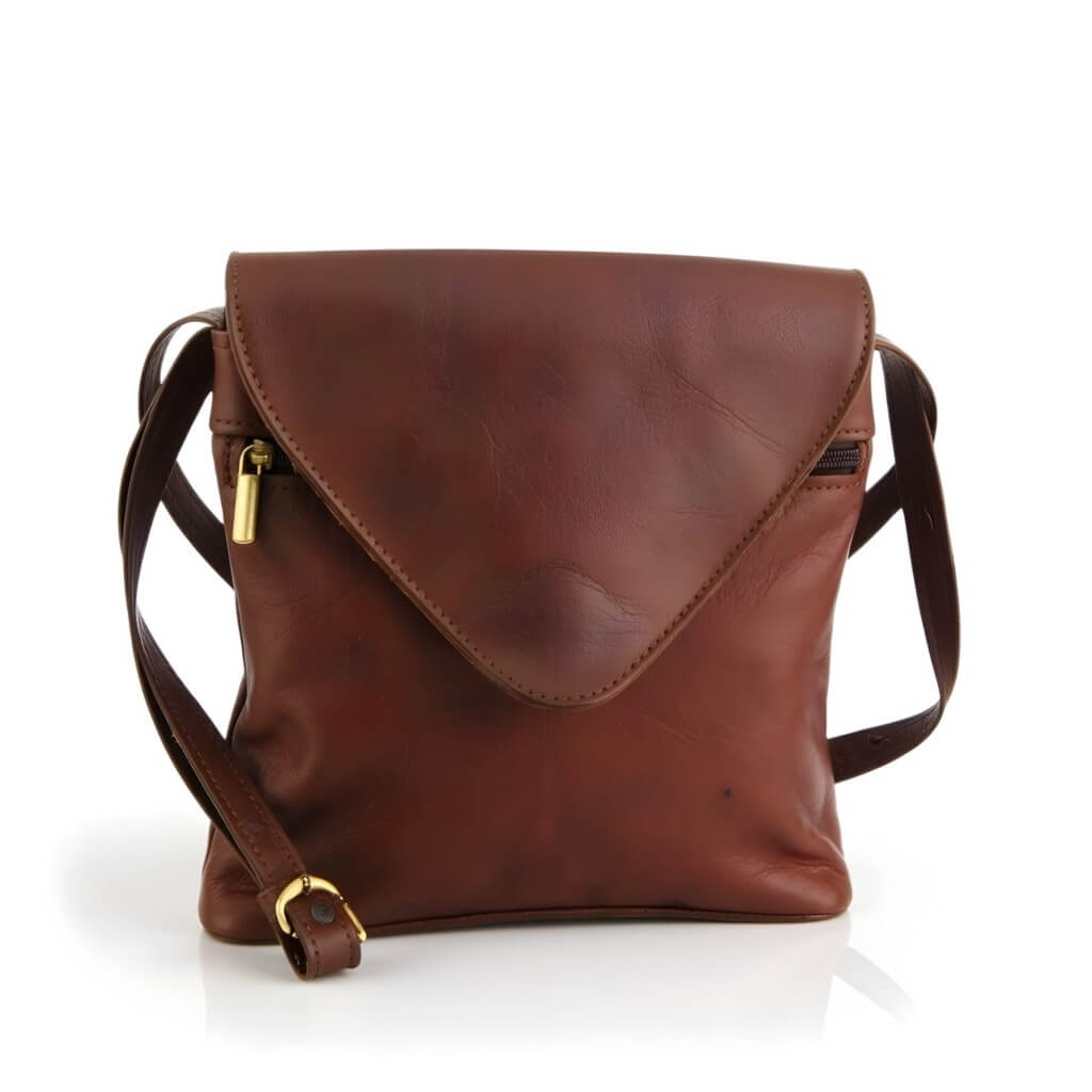 Brown Leather Crossbody Purse – Handmade Envelope Bag with Adjustable Strap image