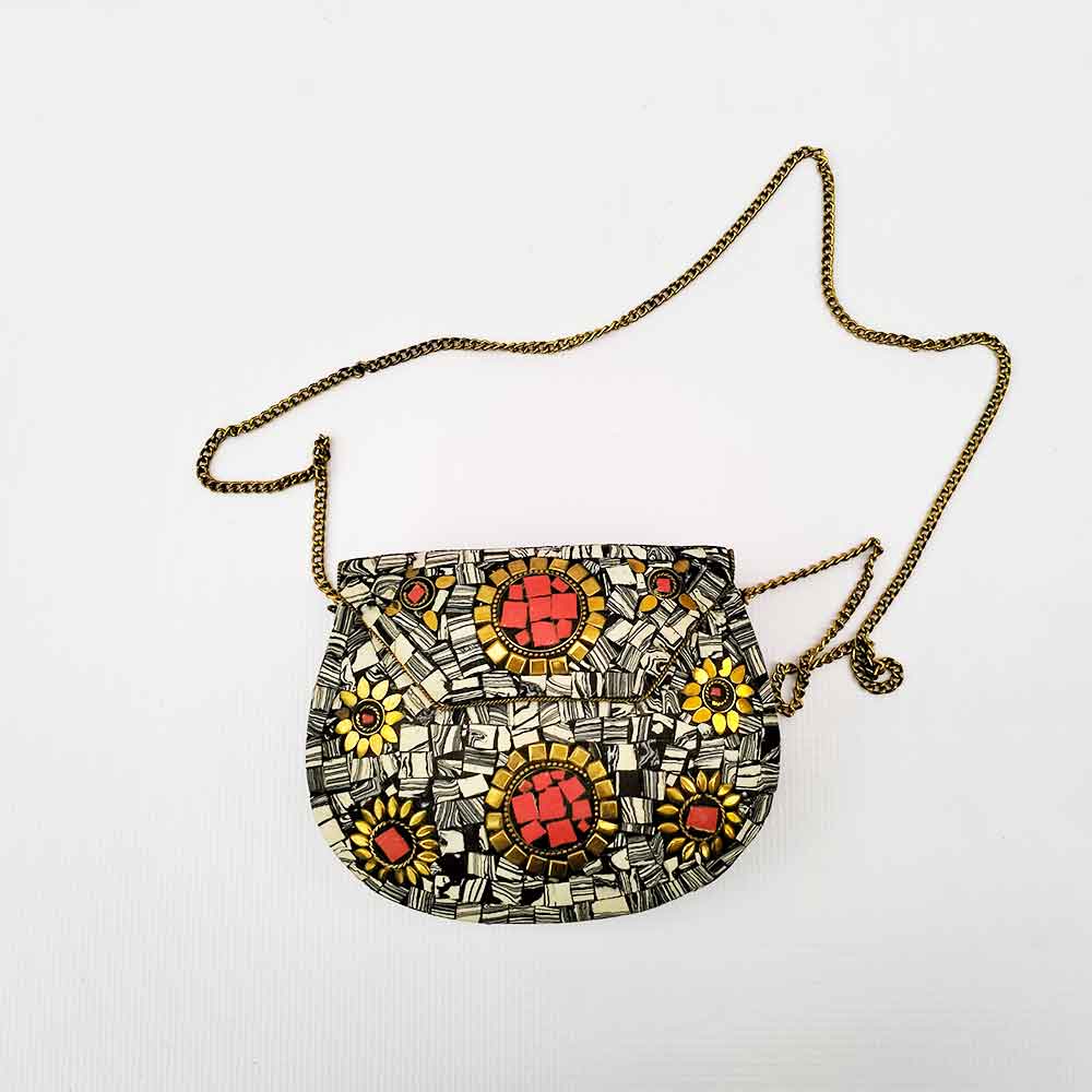 Handmade Gray Mosaic Purse with Red/Gold Inlaid Stone and Gold Chain image 2