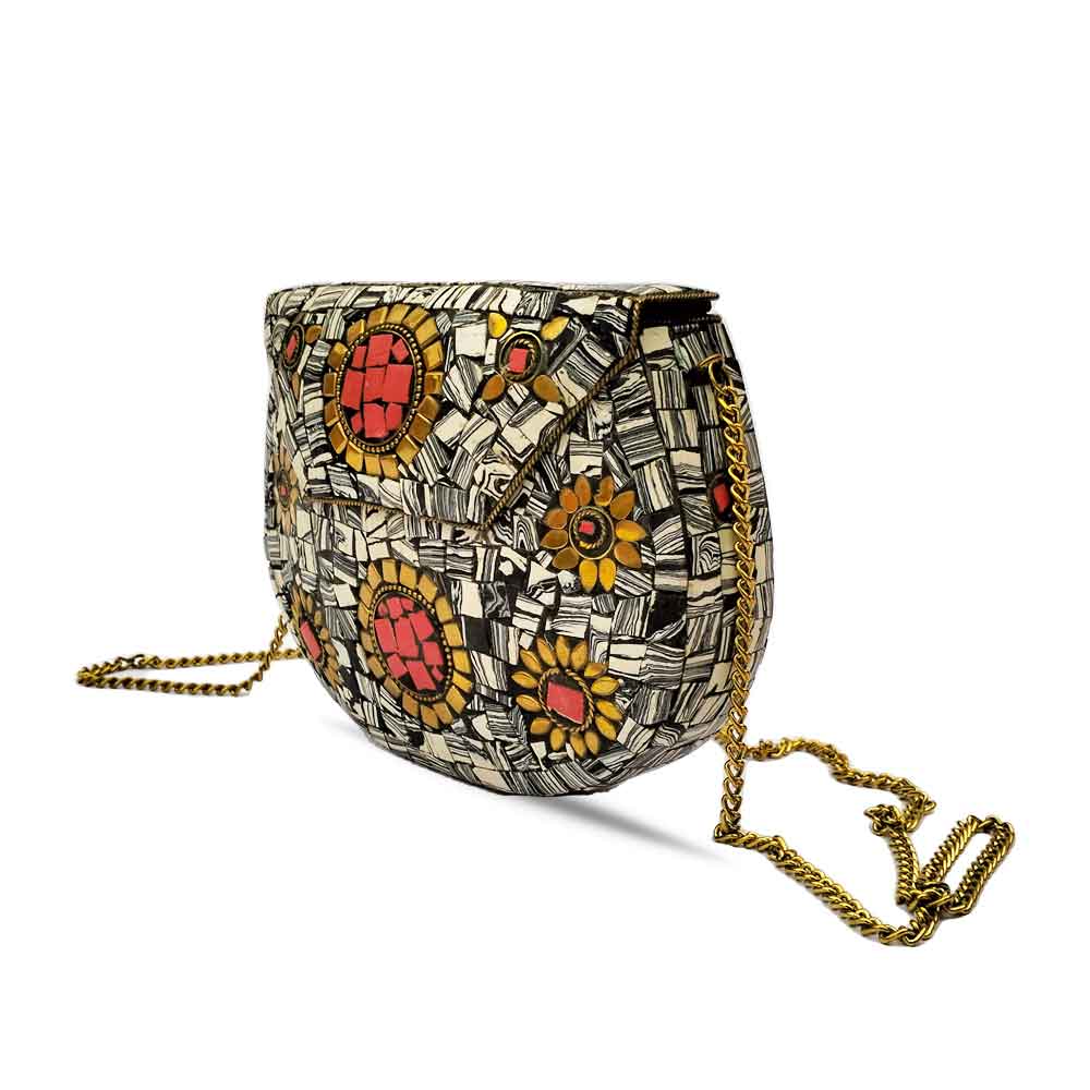 Handmade Gray Mosaic Purse with Red/Gold Inlaid Stone and Gold Chain image