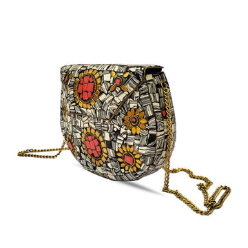 Handmade Gray Mosaic Purse with Red/Gold Inlaid Stone and Gold Chain image
