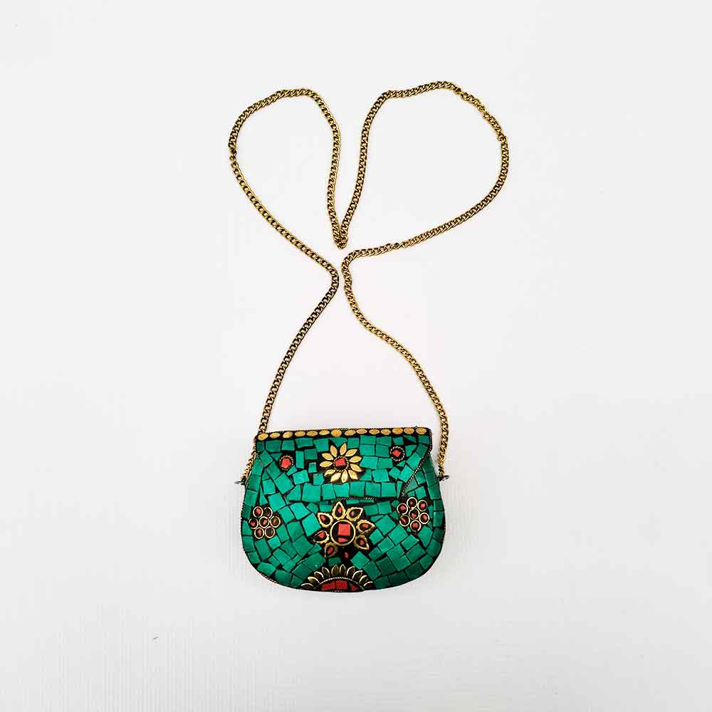 Handmade Green Mosaic Purse with Red Stone and Gold Chain image