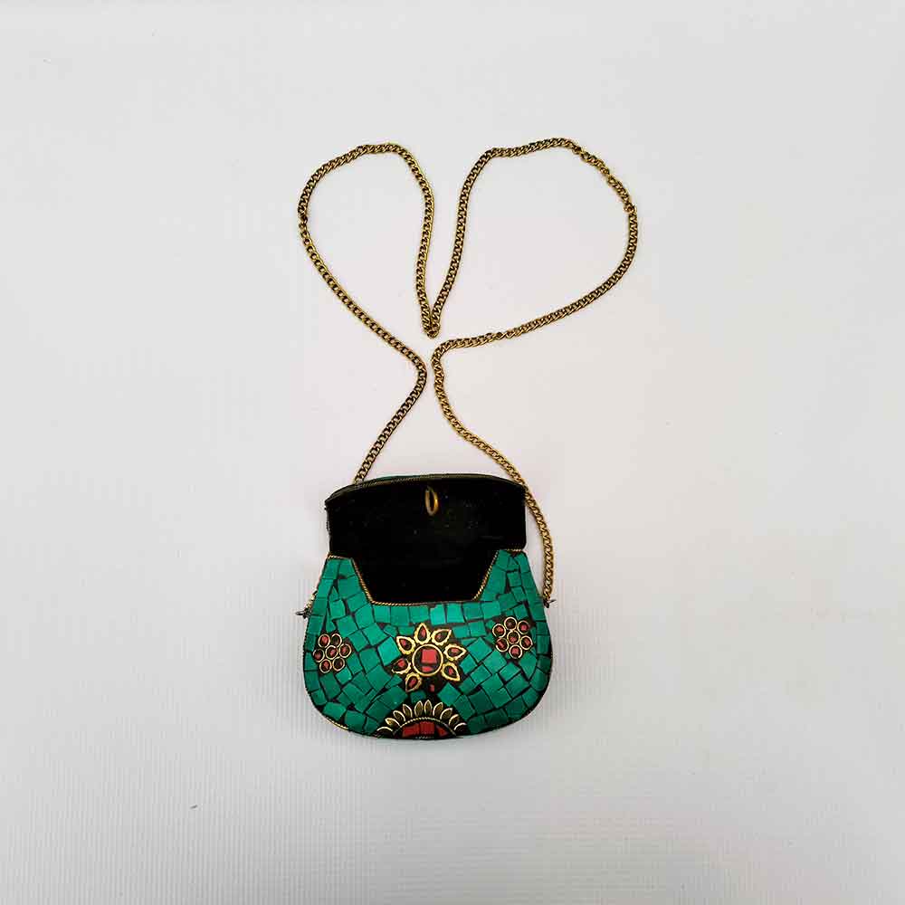 Handmade Green Mosaic Purse with Red Stone and Gold Chain image 3