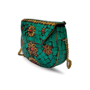 Handmade Green Mosaic Purse with Red Stone and Gold Chain image