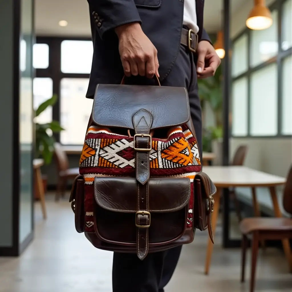 Atlas Leather & Kilim Backpack – Handcrafted Moroccan Travel Bag image 4