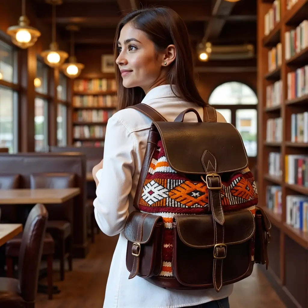 Atlas Leather & Kilim Backpack – Handcrafted Moroccan Travel Bag image 3