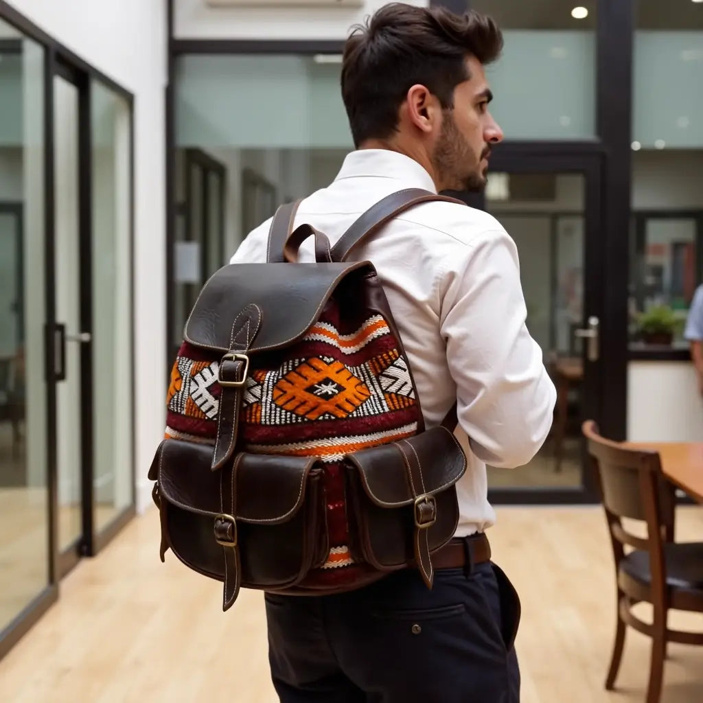 Atlas Leather & Kilim Backpack – Handcrafted Moroccan Travel Bag image