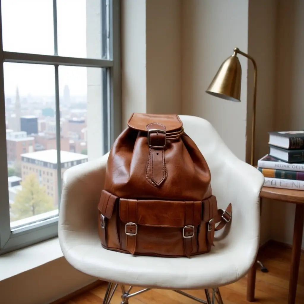 Brown Leather Buckle Backpack – Handcrafted Vintage Style Laptop Bag image 10