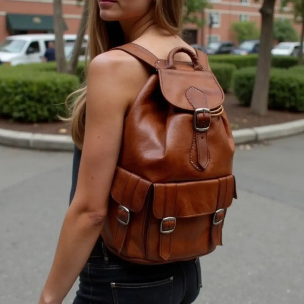Brown Leather Buckle Backpack – Handcrafted Vintage Style Laptop Bag image 6