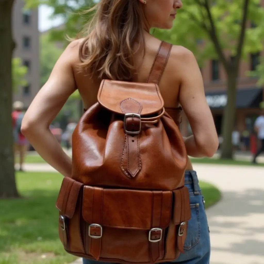 Brown Leather Buckle Backpack – Handcrafted Vintage Style Laptop Bag image 7