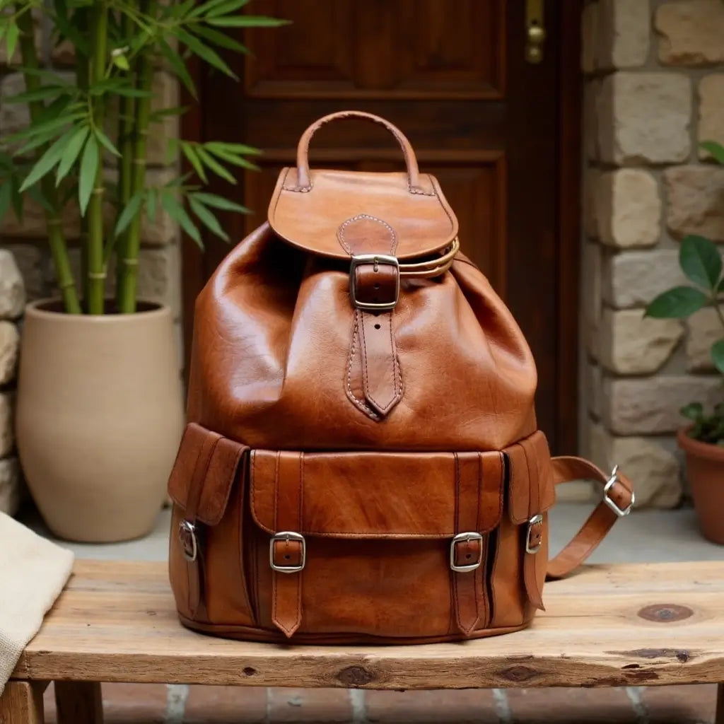 Brown Leather Buckle Backpack – Handcrafted Vintage Style Laptop Bag image 9