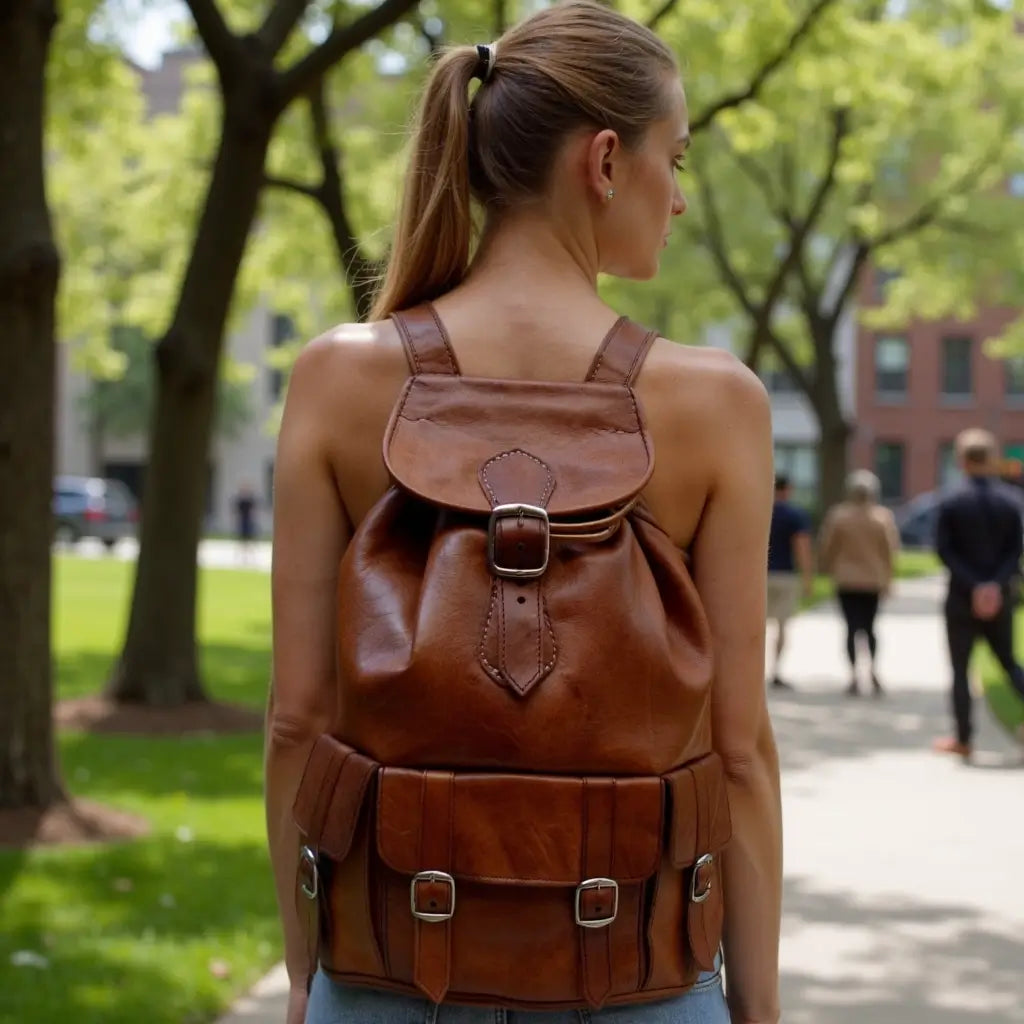 Brown Leather Buckle Backpack – Handcrafted Vintage Style Laptop Bag image 4