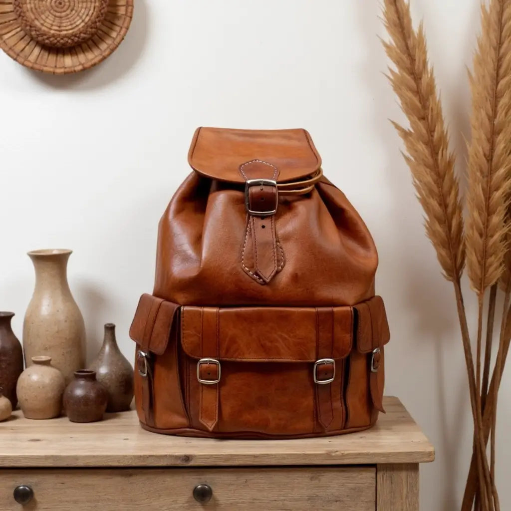 Brown Leather Buckle Backpack – Handcrafted Vintage Style Laptop Bag image 11