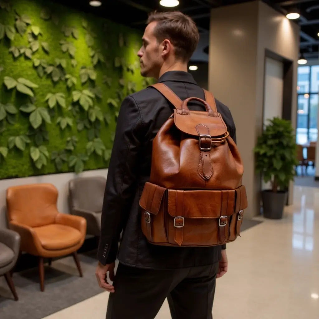 Brown Leather Buckle Backpack – Handcrafted Vintage Style Laptop Bag image 5