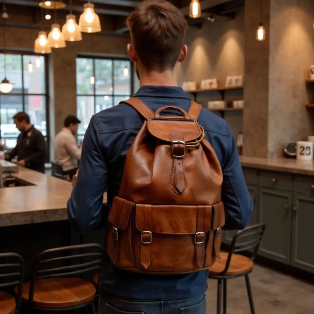 Brown Leather Buckle Backpack – Handcrafted Vintage Style Laptop Bag image 3