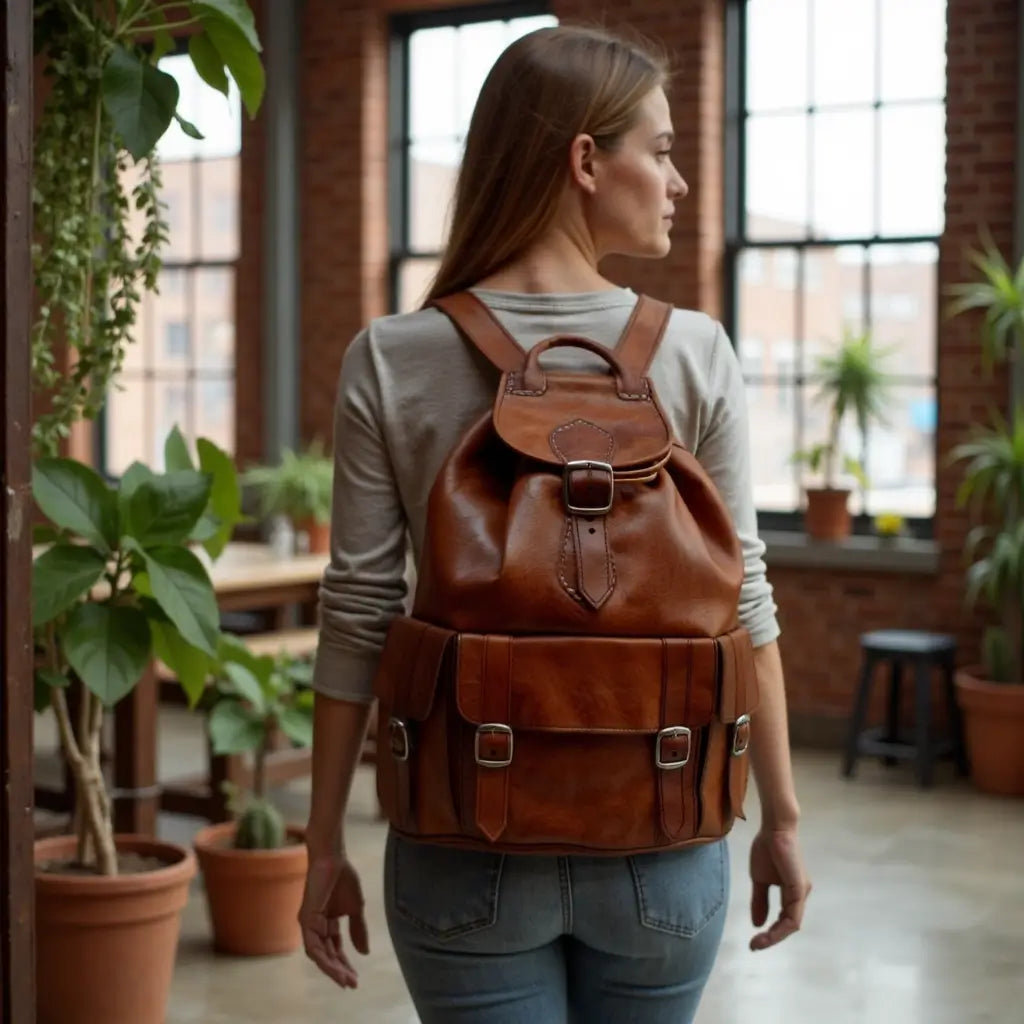Brown Leather Buckle Backpack – Handcrafted Vintage Style Laptop Bag image 2
