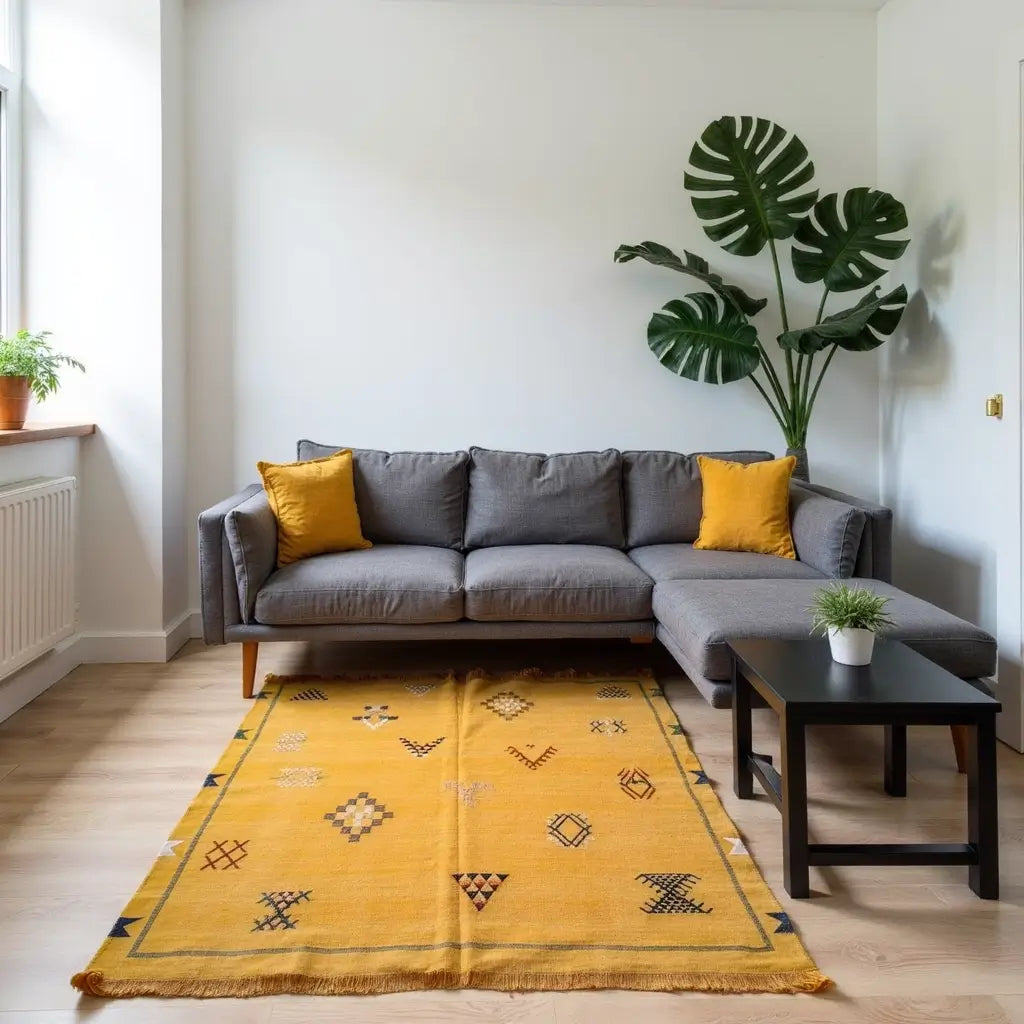 Handwoven Yellow Cactus Silk Rug 3×5 – Moroccan Tribal Wool Carpet image