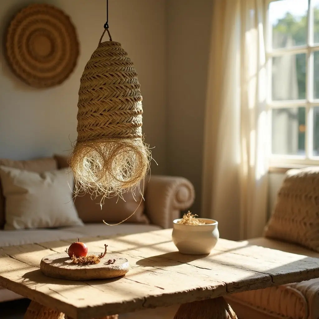 Cylindrical Palm Leaf Lamp Shade – Handwoven Pendant Light with Fringe image 12