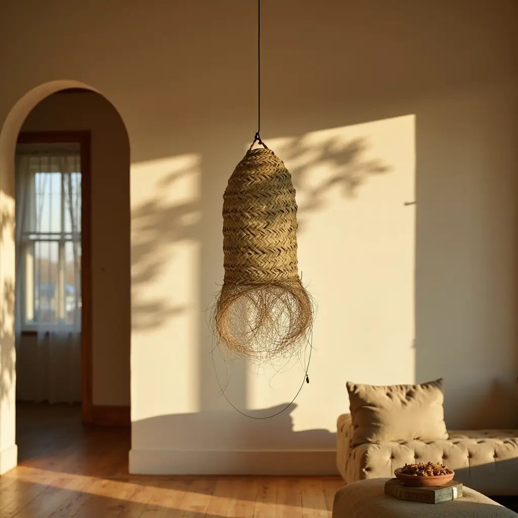 Cylindrical Palm Leaf Lamp Shade – Handwoven Pendant Light with Fringe image 9