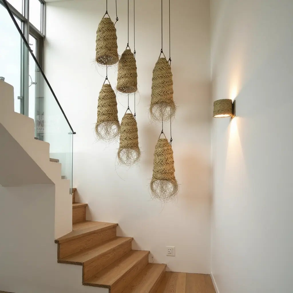 Cylindrical Palm Leaf Lamp Shade – Handwoven Pendant Light with Fringe image 2