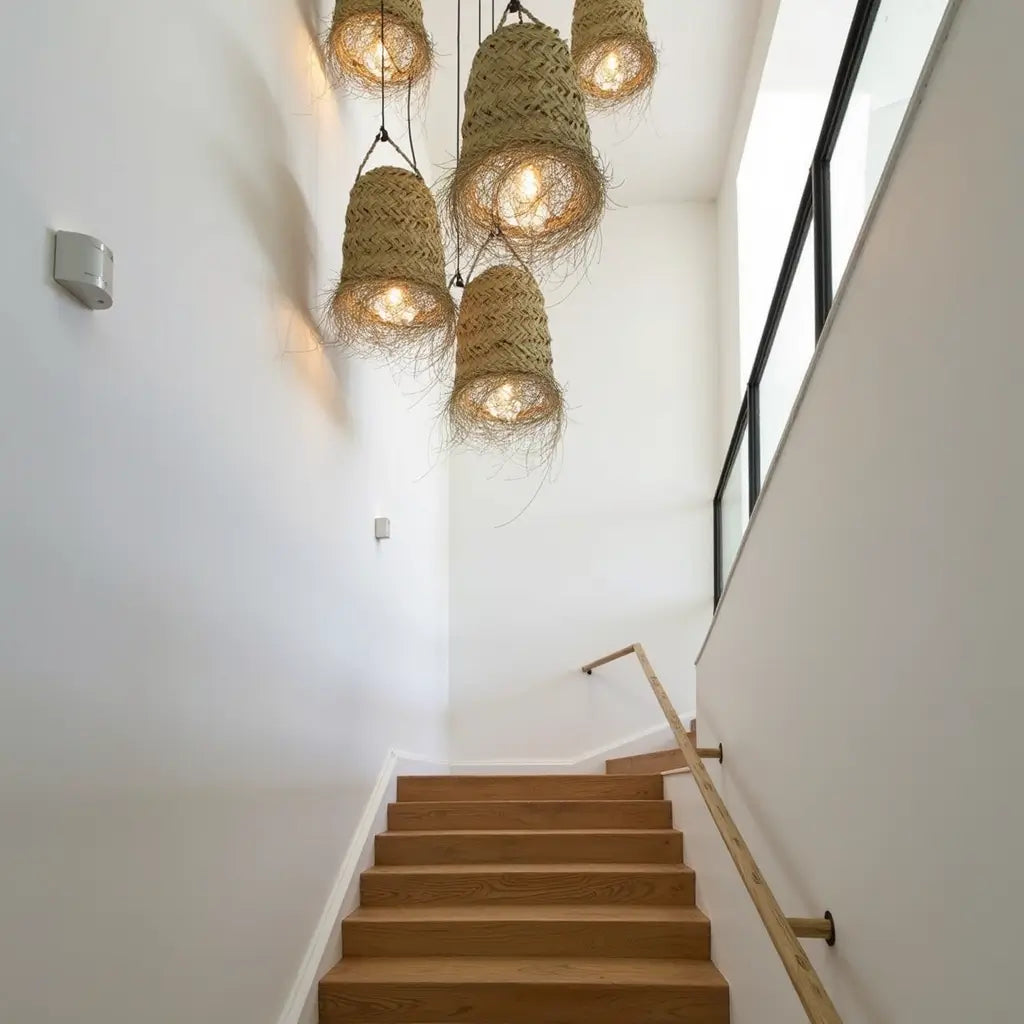 Cylindrical Palm Leaf Lamp Shade – Handwoven Pendant Light with Fringe image 3