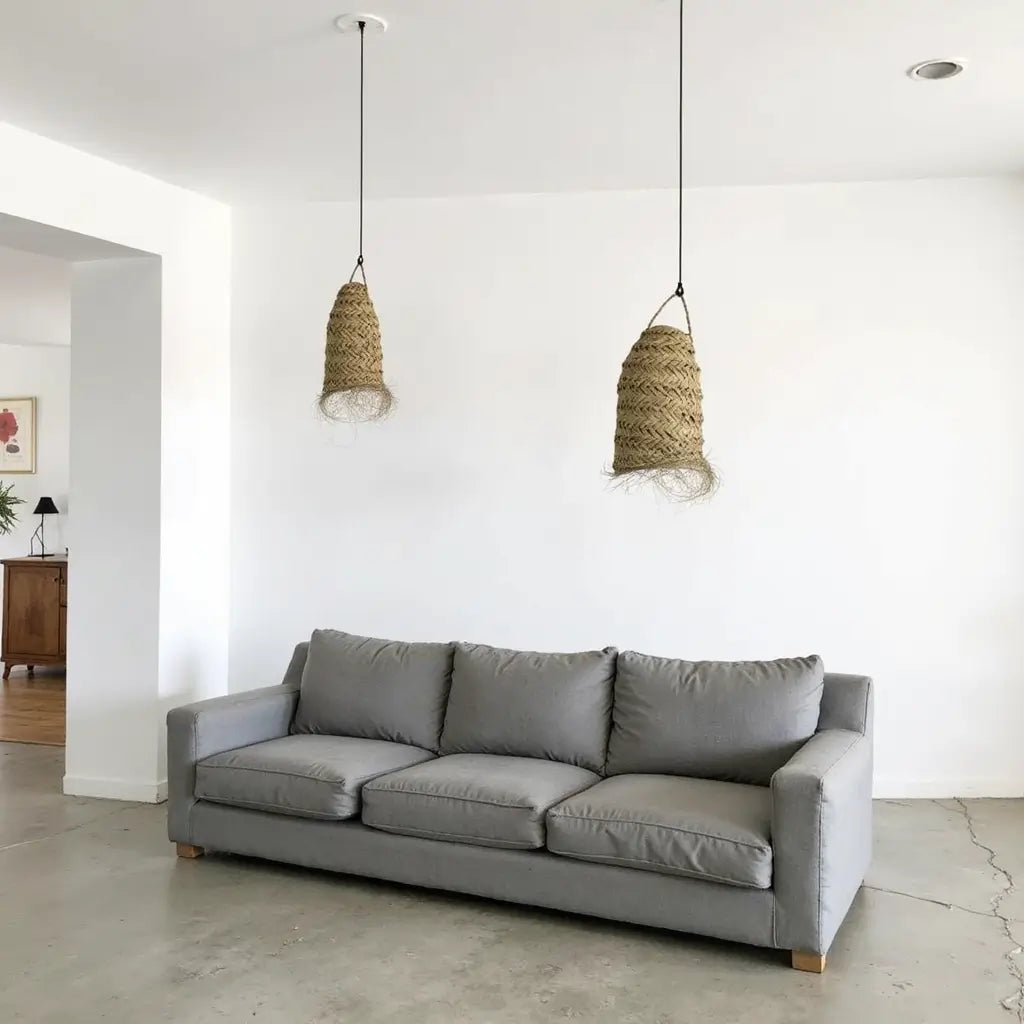 Cylindrical Palm Leaf Lamp Shade – Handwoven Pendant Light with Fringe image 4