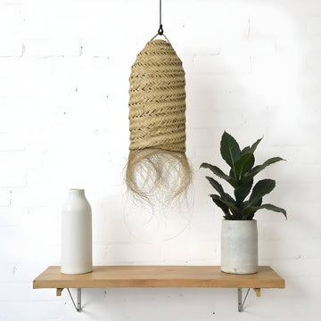 Cylindrical Palm Leaf Lamp Shade – Handwoven Pendant Light with Fringe image