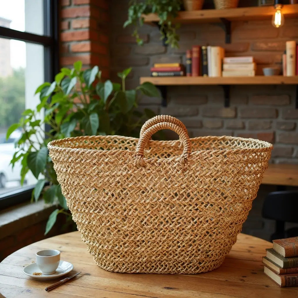 Natural Mesh Straw Beach Shopper – Handwoven Market Tote 12×19″ image 7