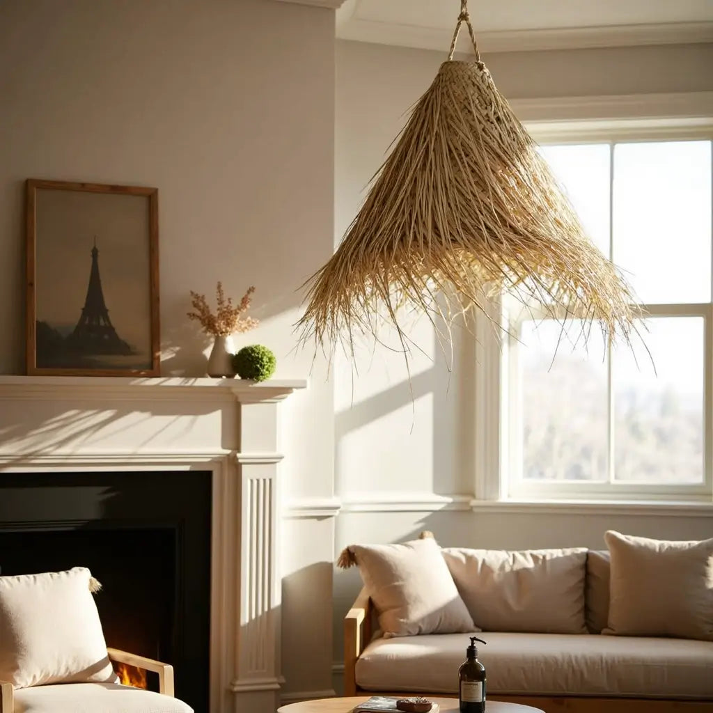 Conical Palm Leaf Pendant Light – Handwoven Natural Fiber Lampshade image 13