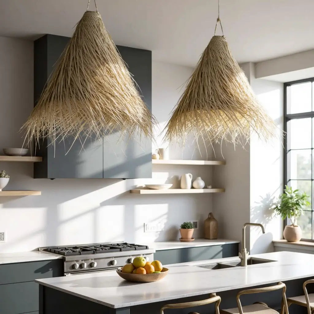 Conical Palm Leaf Pendant Light – Handwoven Natural Fiber Lampshade image 10