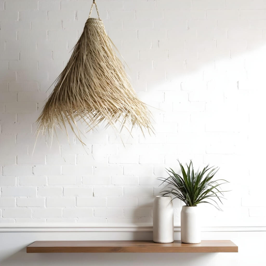 Conical Palm Leaf Pendant Light – Handwoven Natural Fiber Lampshade image