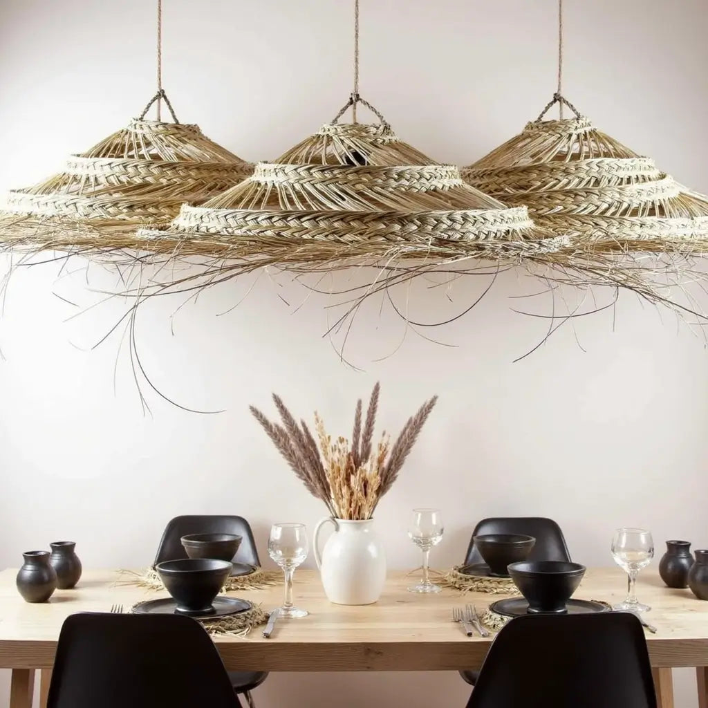 Oversized Palm Leaf Pendant Light – Three-Tiered Handwoven Ceiling Lamp image
