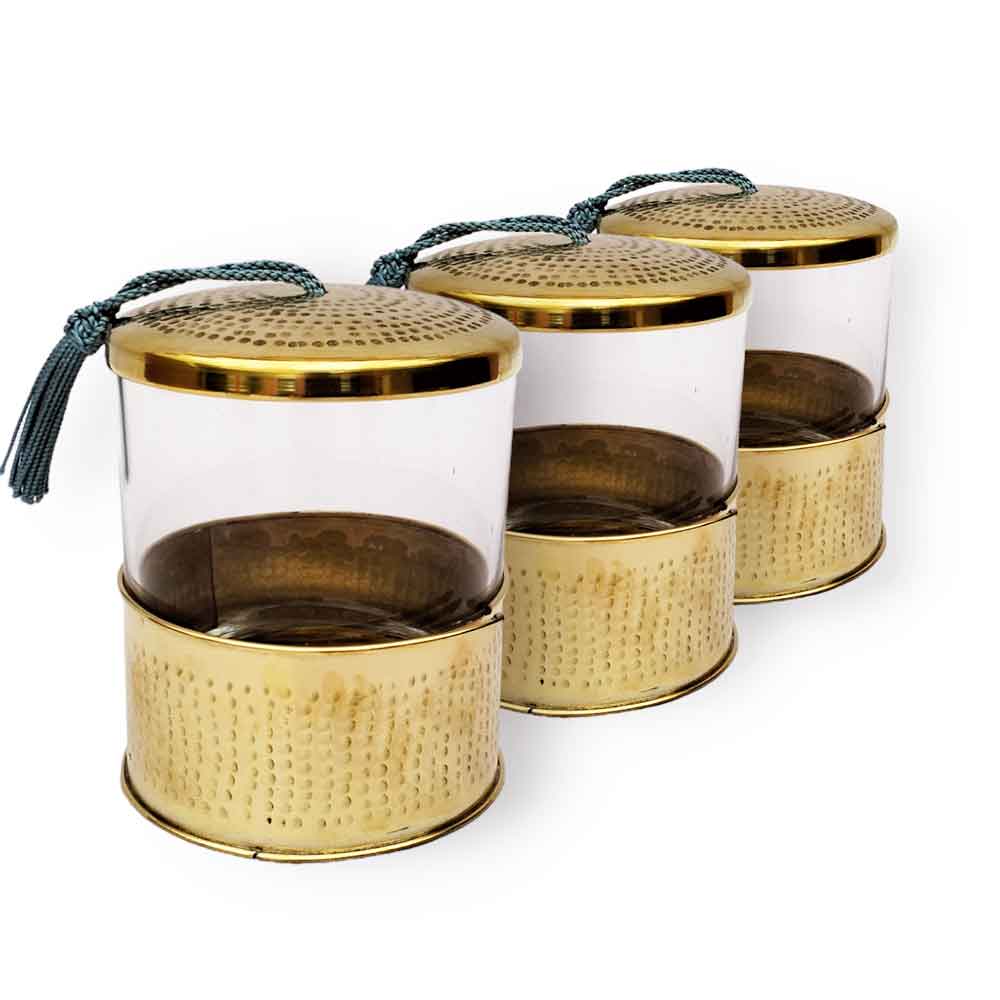 Moroccan Set of 3 Hand Hammered Glass Jars with Brass Lid – Gold & Silver image