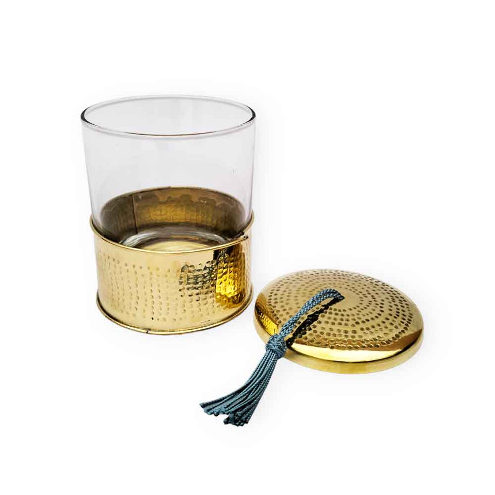 Moroccan Set of 3 Hand Hammered Glass Jars with Brass Lid – Gold & Silver image 3