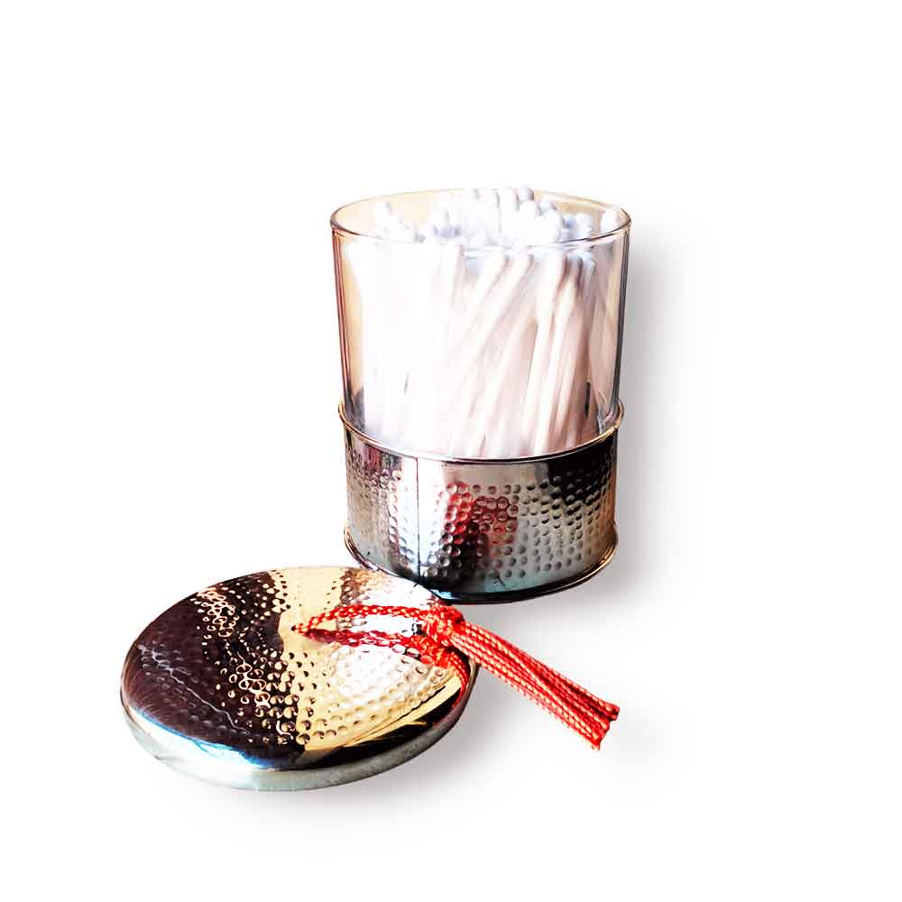 Moroccan Set of 3 Hand Hammered Glass Jars with Brass Lid – Gold & Silver image 4