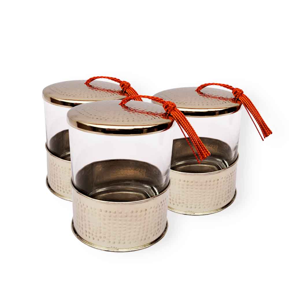 Moroccan Set of 3 Hand Hammered Glass Jars with Brass Lid – Gold & Silver image